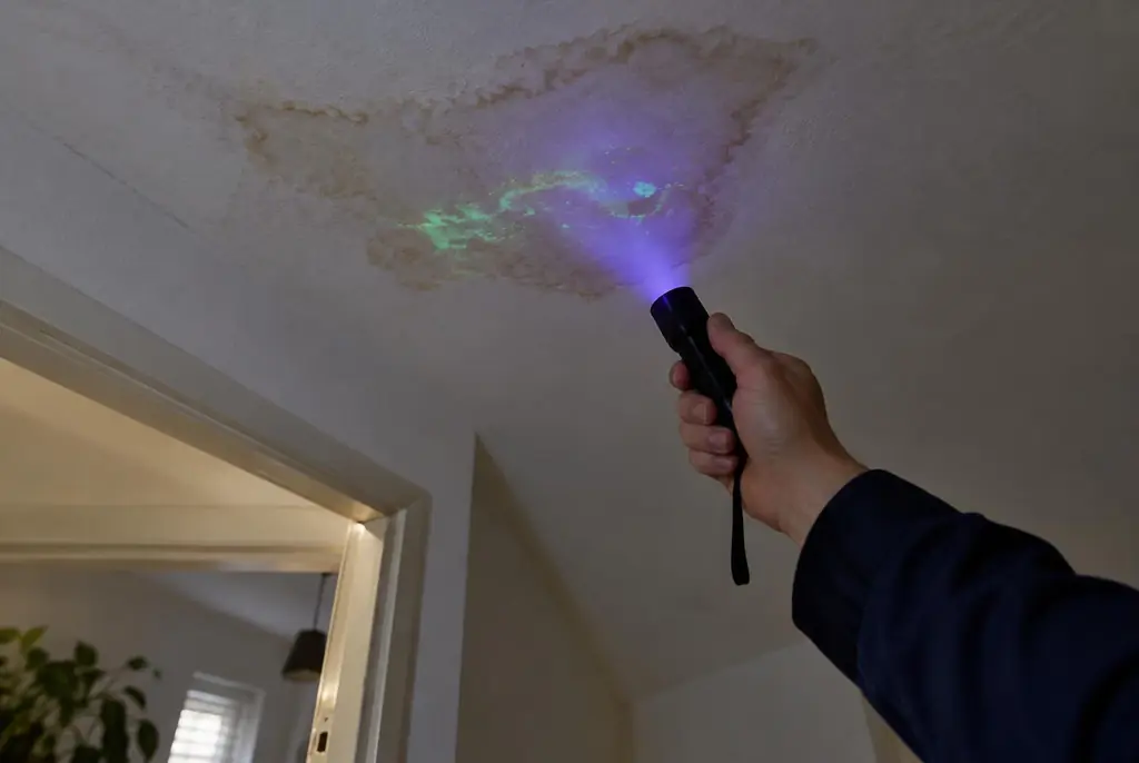 Lekdetectie Tilburg – kleurstof controleren op het plafond met uv-licht