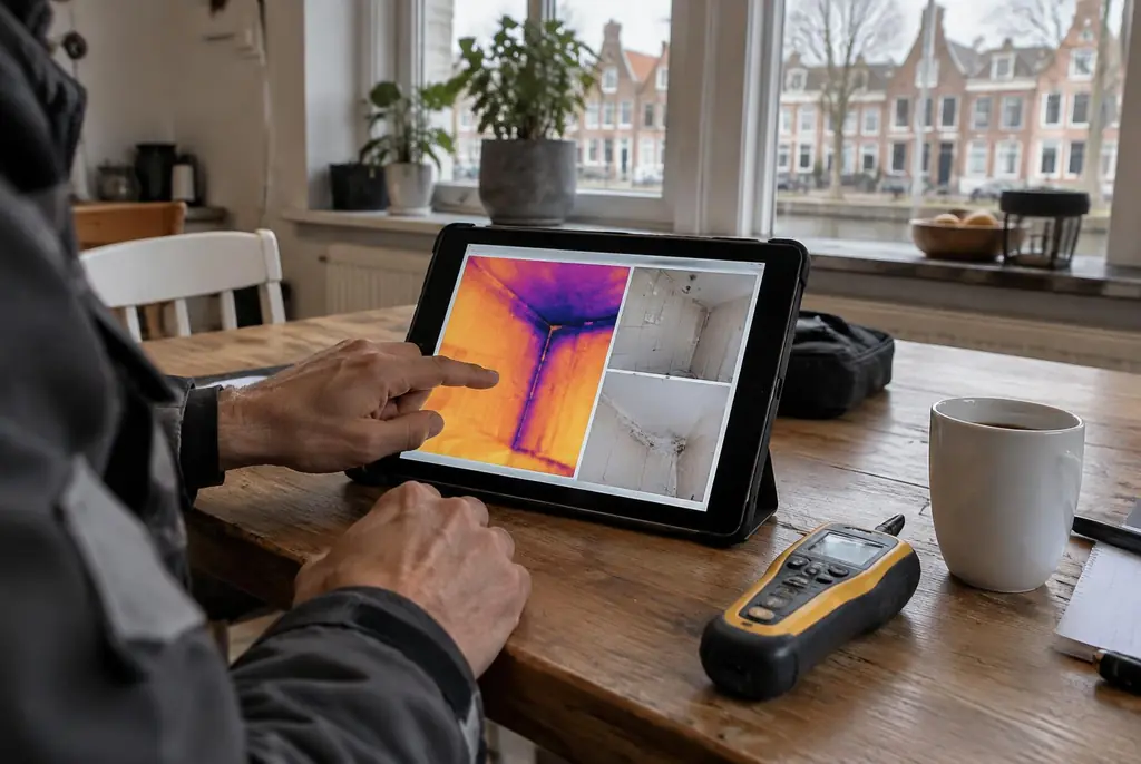 Lekdetectie Tilburg – lekdetectierapport met warmtebeelden en foto's op een tablet