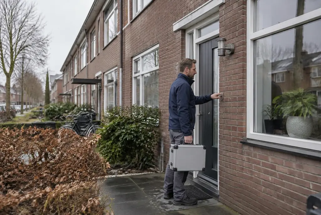 Lekdetectiespecialist met meetkoffer bij de voordeur van een woning in Tilburg